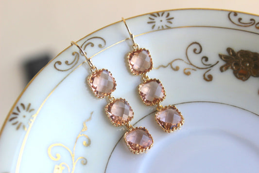 Champagne Blush Earrings Peach Square Earrings Gold Plated - Champagne Bridesmaid Earrings - Bridal Earrings - Blush Wedding Jewelry