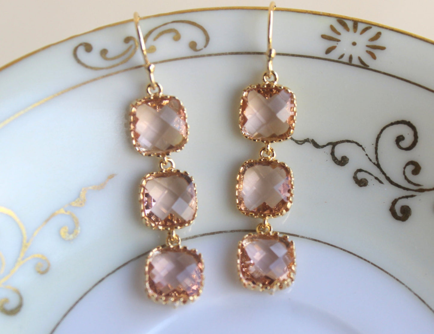 Champagne Blush Earrings Peach Square Earrings Gold Plated - Champagne Bridesmaid Earrings - Bridal Earrings - Blush Wedding Jewelry