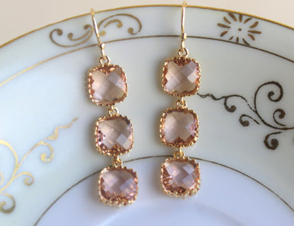 Champagne Blush Earrings Peach Square Earrings Gold Plated - Champagne Bridesmaid Earrings - Bridal Earrings - Blush Wedding Jewelry