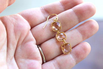 Champagne Blush Earrings Peach Square Earrings Gold Plated - Champagne Bridesmaid Earrings - Bridal Earrings - Blush Wedding Jewelry