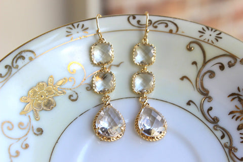 Crystal Earrings Gold Plated Clear Three Tier - Crystal Bridesmaid Jewelry - Wedding Earrings - Crystal Bridal Earrings - Christmas Gift
