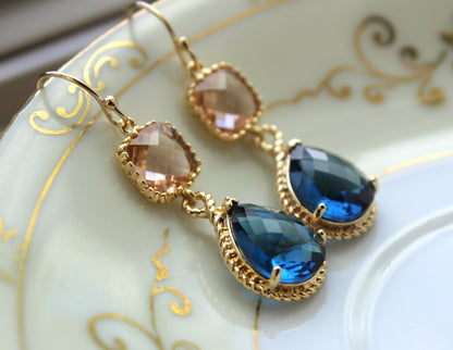 Gold Blush Jewelry Champagne Earrings Sapphire Earrings Navy Blue Earrings Peach Jewelry Bridesmaid Earrings Wedding Bridesmaid Jewelry
