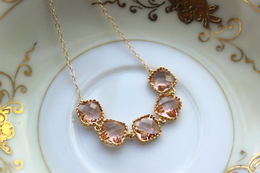 Champagne Blush Necklace Gold Plated Peach Necklace - Bridesmaid Gift - Bridal Necklace Champagne Blush Wedding Jewelry - Bridesmaid Jewelry