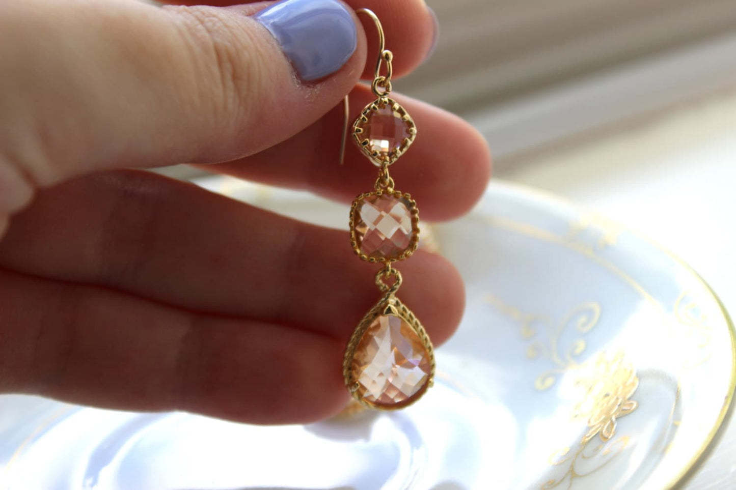 Champagne Blush Earrings Gold Three Tier Peach Blush Bridesmaid Earrings - Peach Wedding Jewelry Champagne Bridal Earrings - Christmas Gift