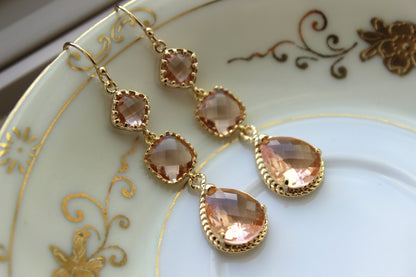 Champagne Blush Earrings Gold Three Tier Peach Blush Bridesmaid Earrings - Peach Wedding Jewelry Champagne Bridal Earrings - Christmas Gift