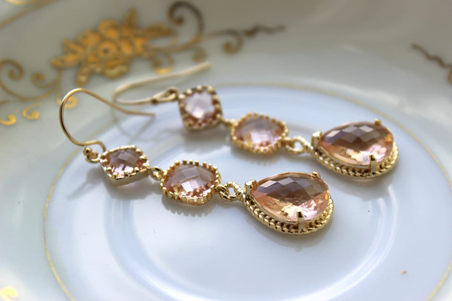 Champagne Blush Earrings Gold Three Tier Peach Blush Bridesmaid Earrings - Peach Wedding Jewelry Champagne Bridal Earrings - Christmas Gift