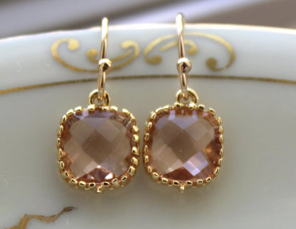 Dainty Champagne Blush Earrings Gold Plated - Peach Bridesmaid Earrings - Wedding Earrings - Champagne Wedding Jewelry - Bridal Earrings