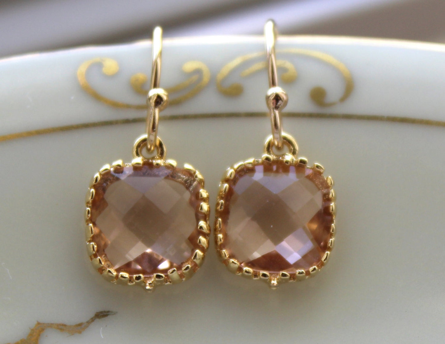 Dainty Champagne Blush Earrings Gold Plated - Peach Bridesmaid Earrings - Wedding Earrings - Champagne Wedding Jewelry, Miniatures Market
