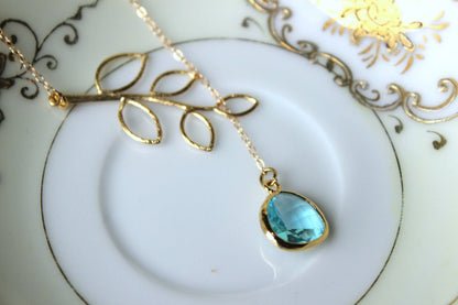 Aquamarine Lariat Necklace Aqua Blue Lariat Leaf Gold Necklace - Bridal Necklace - Bridesmaid Lariat Necklace - Bridesmaid Jewelry Wedding