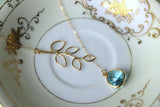 Aquamarine Lariat Necklace Aqua Blue Lariat Leaf Gold Necklace - Bridal Necklace - Bridesmaid Lariat Necklace - Bridesmaid Jewelry Wedding