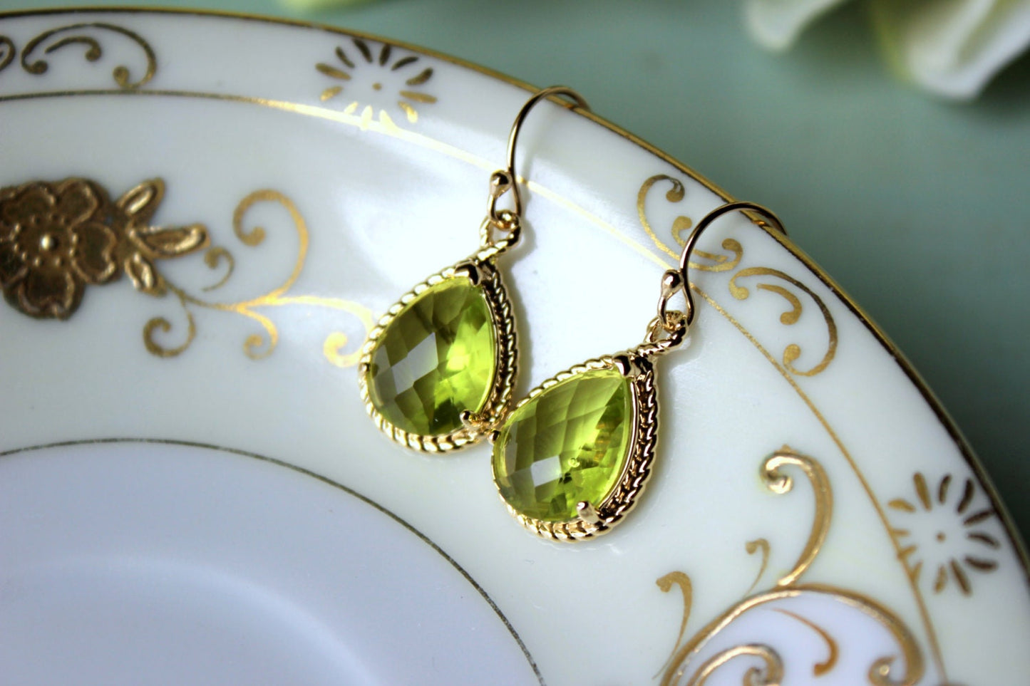 Peridot Earrings Gold Apple Green Jewelry Teardrop Gold Rope Style - Bridesmaid Earrings Wedding Jewelry Bridal Earrings Valentines Day Gift
