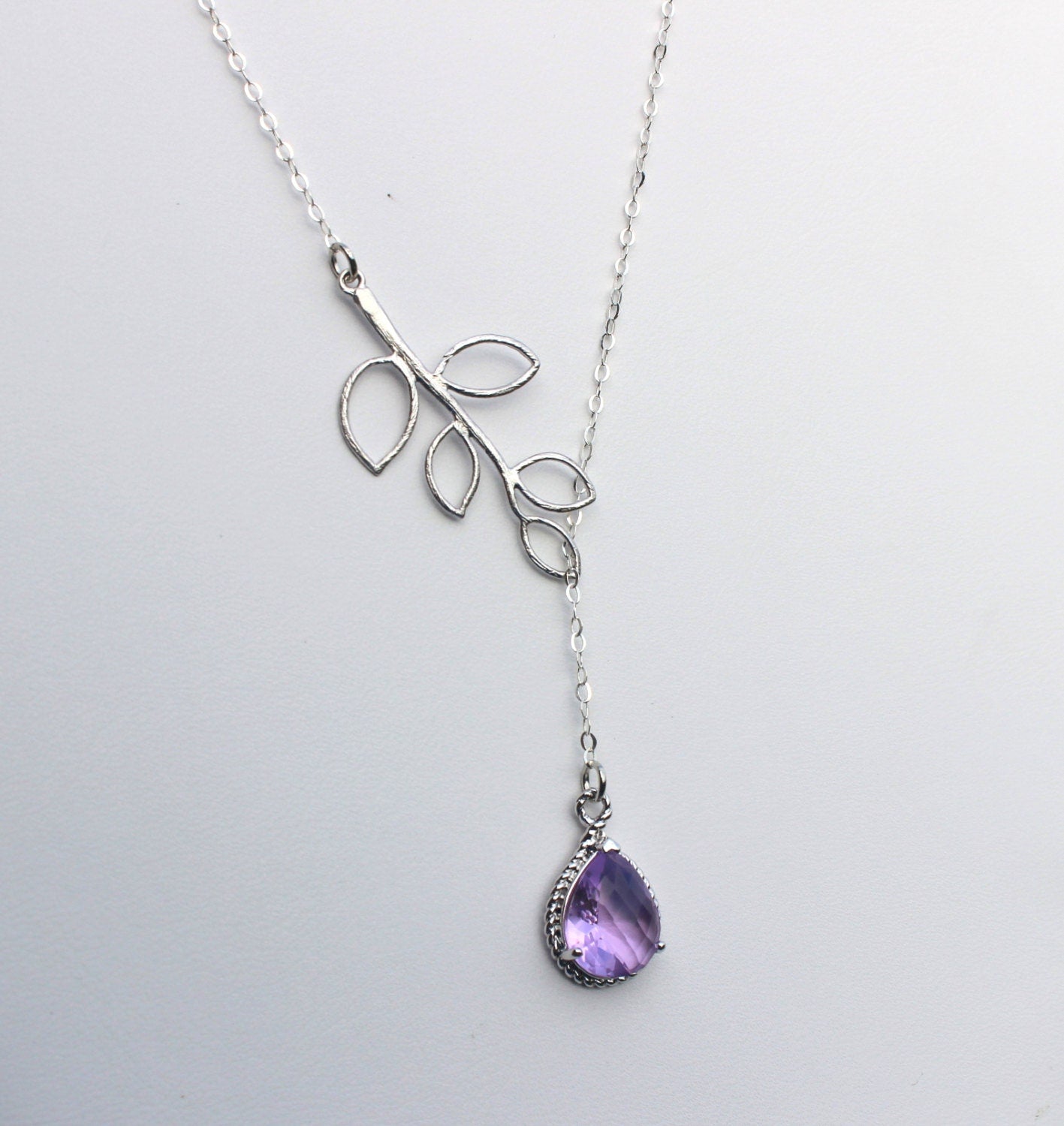 Lavender Lariat Necklace Purple Lilac Lariat Leaf Silver Necklace Bridal Necklace - Bridesmaid Lariat Necklace - Bridesmaid Jewelry Wedding