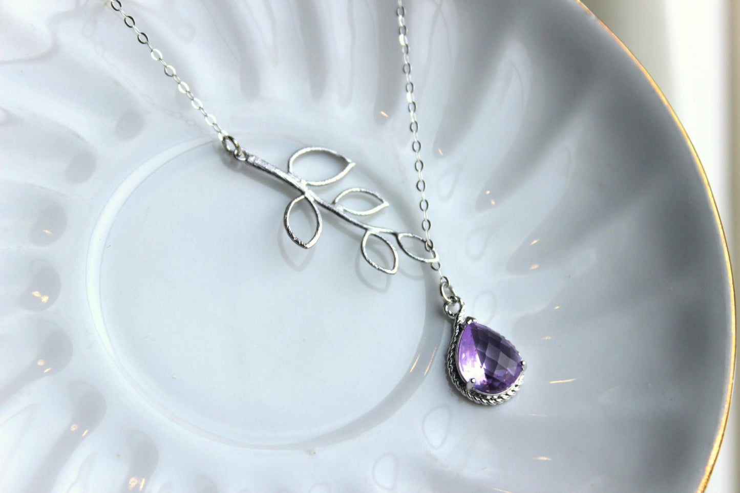 Lavender Lariat Necklace Purple Lilac Lariat Leaf Silver Necklace Bridal Necklace - Bridesmaid Lariat Necklace - Bridesmaid Jewelry Wedding