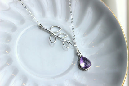 Lavender Lariat Necklace Purple Lilac Lariat Leaf Silver Necklace Bridal Necklace - Bridesmaid Lariat Necklace - Bridesmaid Jewelry Wedding
