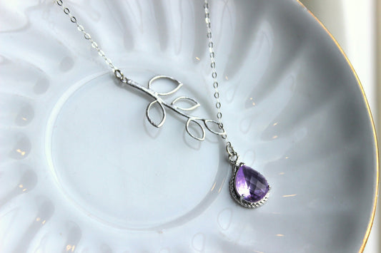 Lavender Lariat Necklace Purple Lilac Lariat Leaf Silver Necklace Bridal Necklace - Bridesmaid Lariat Necklace - Bridesmaid Jewelry Wedding