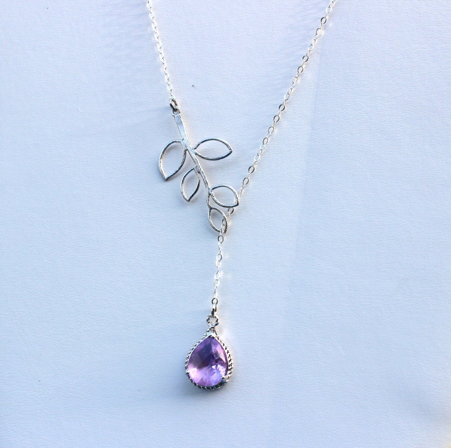 Lavender Lariat Necklace Purple Lilac Lariat Leaf Silver Necklace Bridal Necklace - Bridesmaid Lariat Necklace - Bridesmaid Jewelry Wedding
