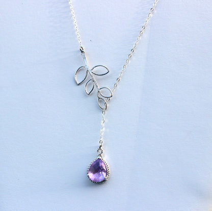 Lavender Lariat Necklace Purple Lilac Lariat Leaf Silver Necklace Bridal Necklace - Bridesmaid Lariat Necklace - Bridesmaid Jewelry Wedding