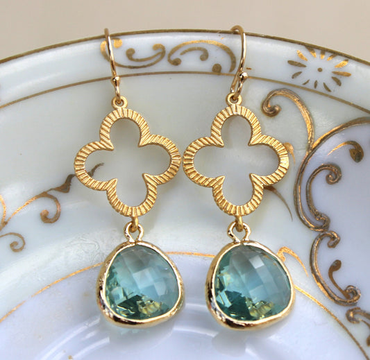 Prasiolite Earrings Green Gold Clover Quatrefoil Earrings - Bridesmaid Earrings Jewelry Bridal Earrings - Wedding Earrings