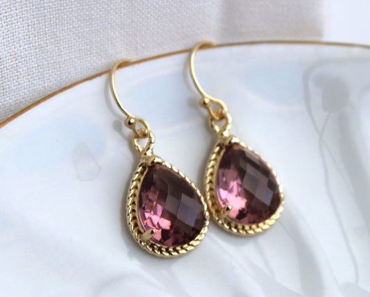 Eggplant Plum Earrings Purple Gold Teardrop Earrings Bridesmaid Earrings Eggplant Wedding Earrings Plum Jewelry Valentines Day Gift