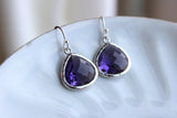 Large Tanzanite Earrings Silver Plated Purple Glass Pendant - Wedding Earrings - Bridal Earrings - Bridesmaid Earrings