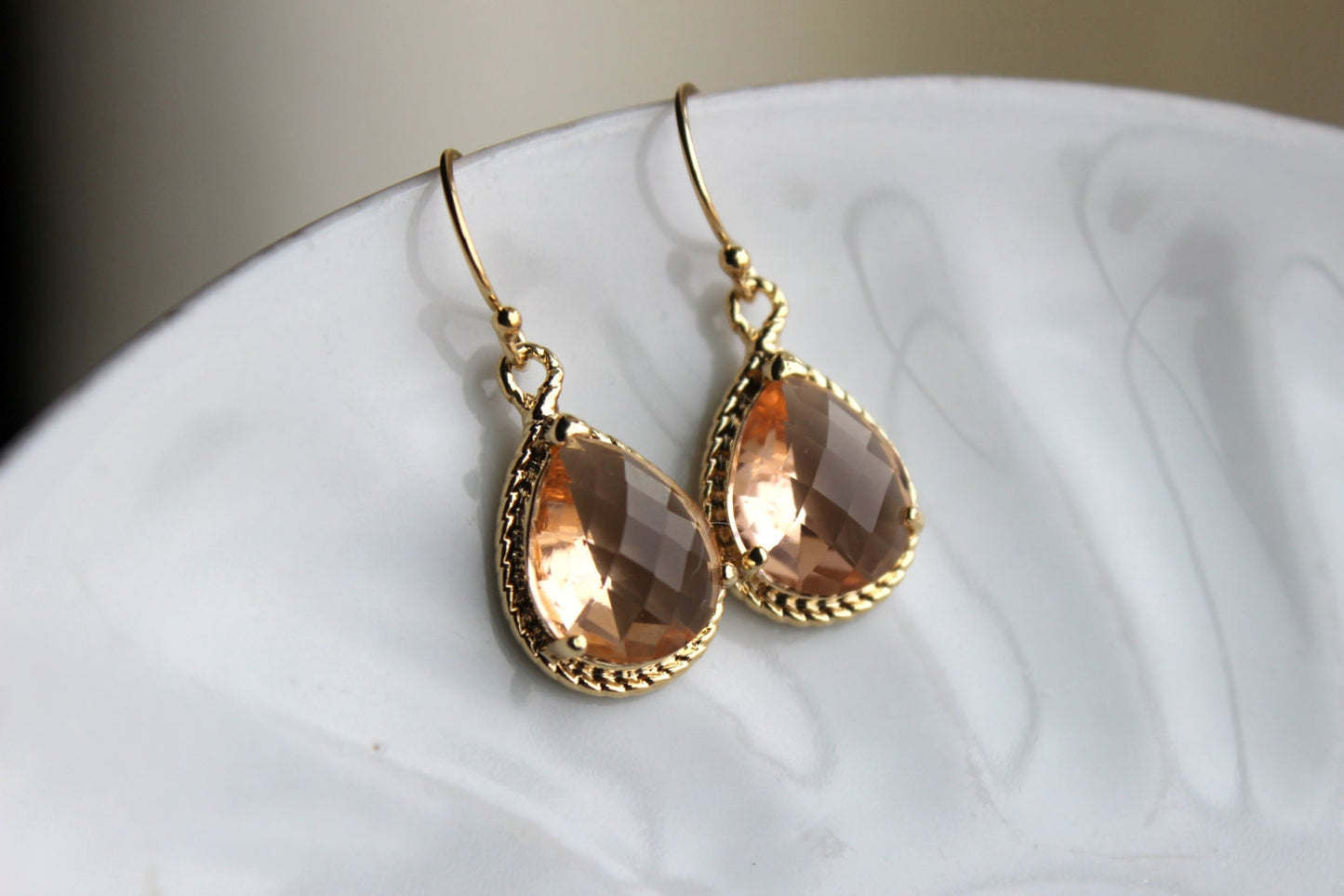 Blush Champagne Teardrop Earrings Peach Gold Earrings Glass - Bridesmaid Earrings Blush Wedding Earrings Champagne Bridesmaid Jewelry