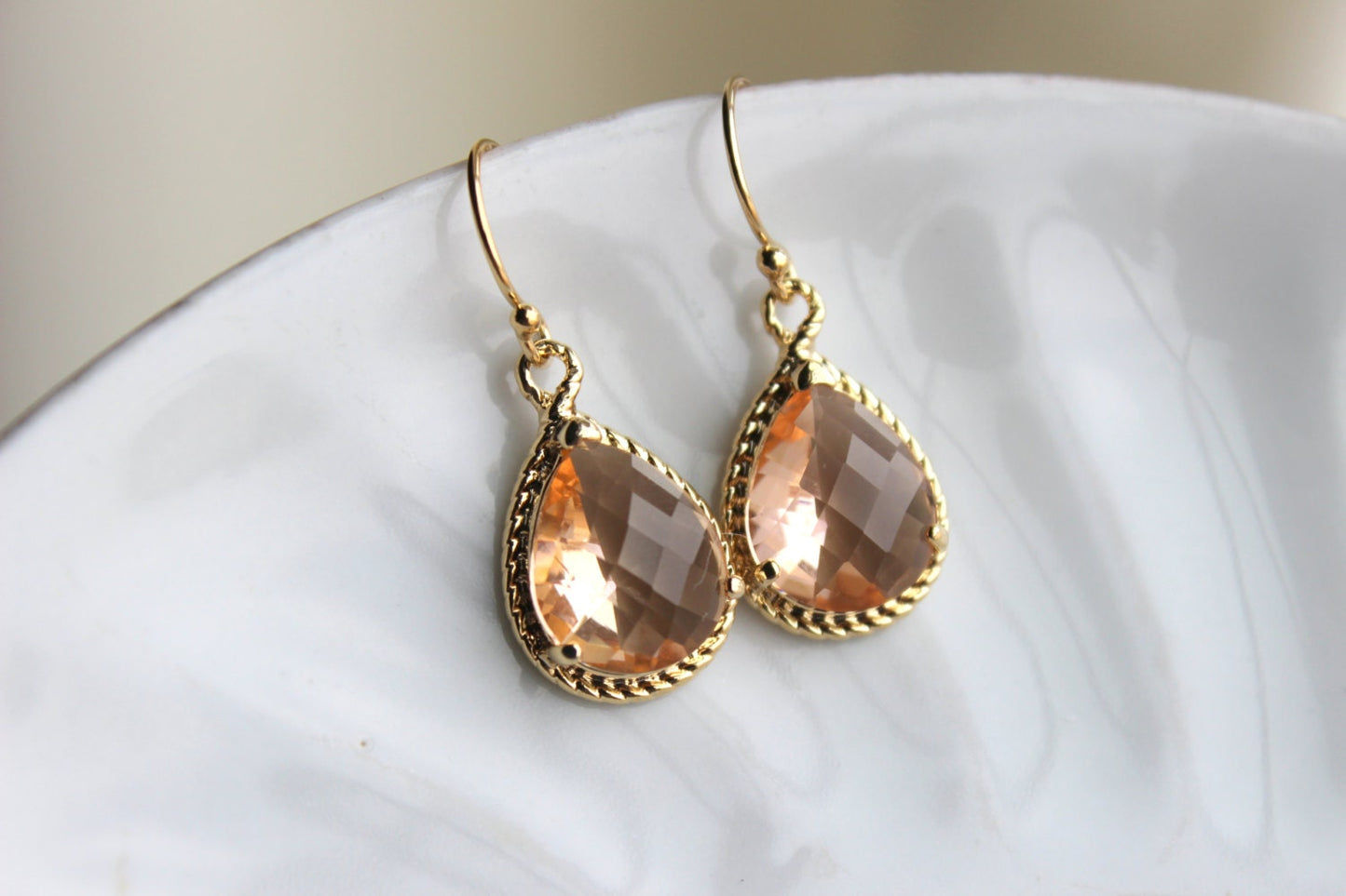Blush Champagne Teardrop Earrings Peach Gold Earrings Glass - Bridesmaid Earrings Blush Wedding Earrings Champagne Bridesmaid Jewelry