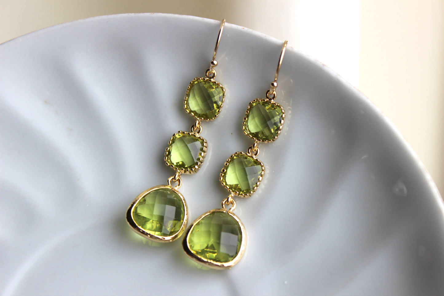 Apple Green Peridot Earrings Gold Three Tiered Jewelry - Peridot Bridesmaid Earrings - Green Wedding Earrings - Peridot Wedding Jewelry
