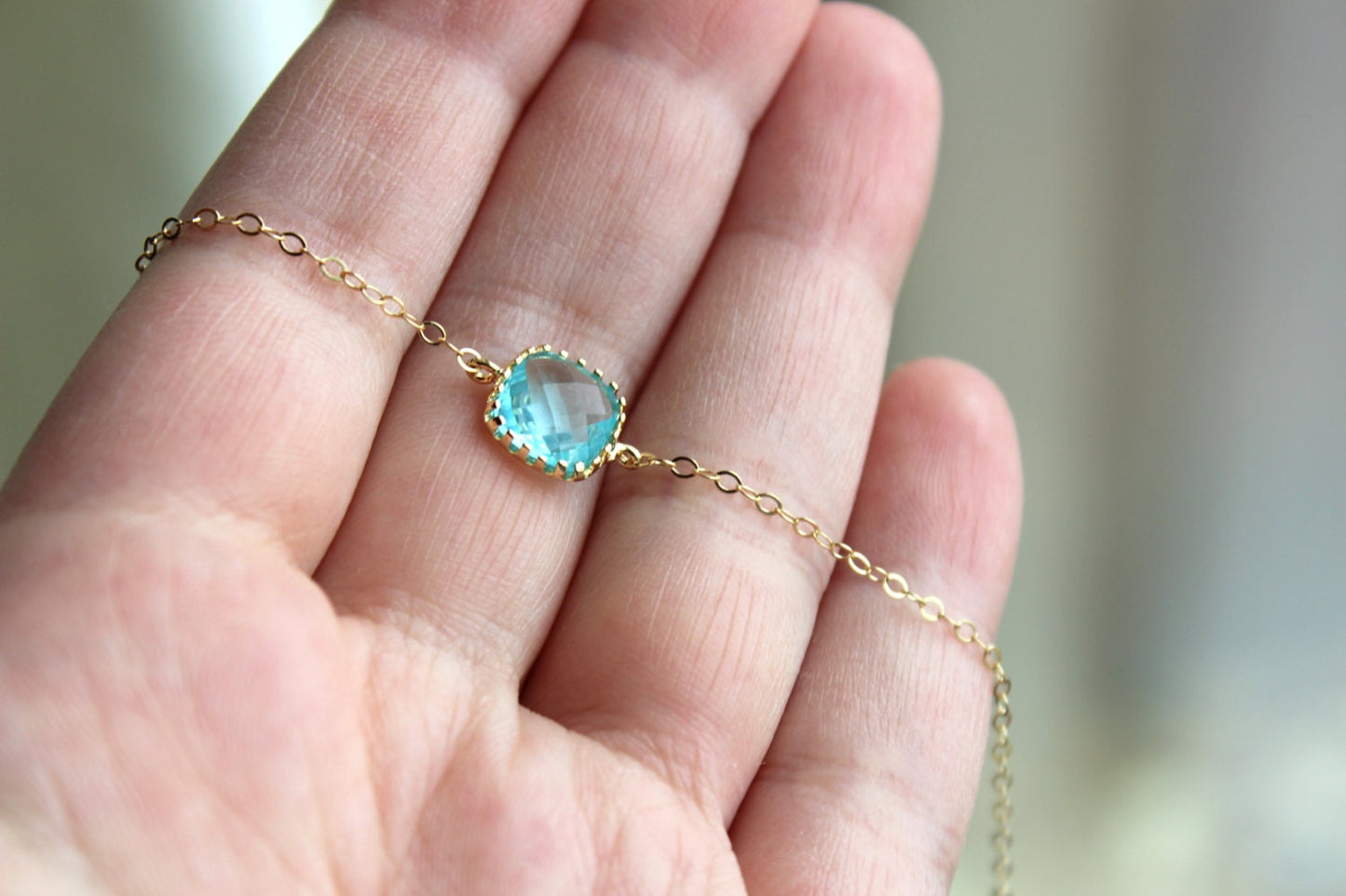 Dainty Aquamarine Blue Necklace Gold Filled Chain - Charm Necklace Aqua Bridesmaid Necklace - Aquamarine Wedding Jewelry - Gift under 25