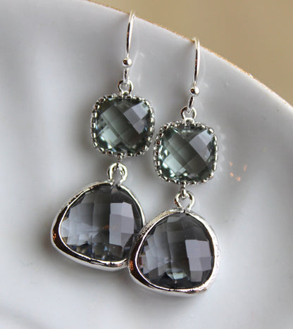 Charcoal Gray Earrings Silver Plated Two Tier - Bridesmaid Earrings - Grey Gray Bridesmaid Jewelry - Bridal Earrings - Wedding Jewelry