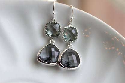 Charcoal Gray Earrings Silver Plated Two Tier - Bridesmaid Earrings - Grey Gray Bridesmaid Jewelry - Bridal Earrings - Wedding Jewelry