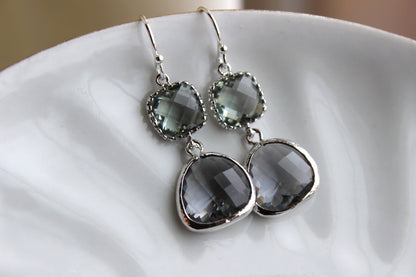 Charcoal Gray Earrings Silver Plated Two Tier - Bridesmaid Earrings - Grey Gray Bridesmaid Jewelry - Bridal Earrings - Wedding Jewelry