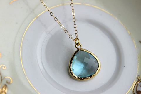 Blue Aquamarine Necklace Gold Plated Large Aqua Pendant - Gold Filled Chain - Wedding Jewelry - Bridesmaid Jewelry - Something Blue