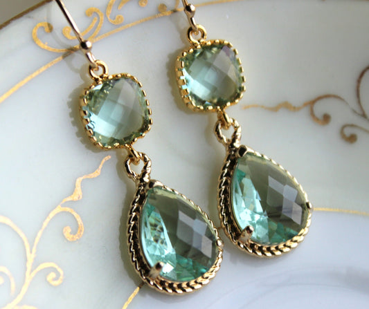 Prasiolite Earrings Gold Two Tier Teardrop Earrings - Prasiolite Green Bridesmaid Earrings Gift - Green Wedding Jewelry - Bridesmaid Jewelry