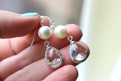 Freshwater Pearl Crystal Earrings Silver Two Tiered Clear Pearl Bridesmaid Earrings Bridal Earrings - Bridesmaid Jewelry - Wedding Earrings