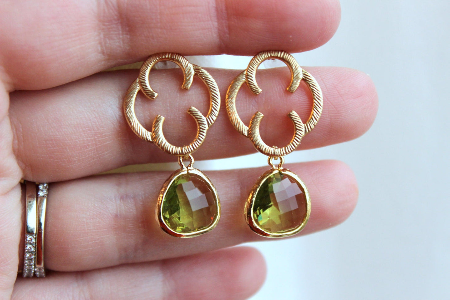 Peridot Green Earrings Gold Clover Quatrefoil - Sterling Silver Posts - Bridesmaid Earrings - Wedding Earrings - Peridot Wedding Jewelry
