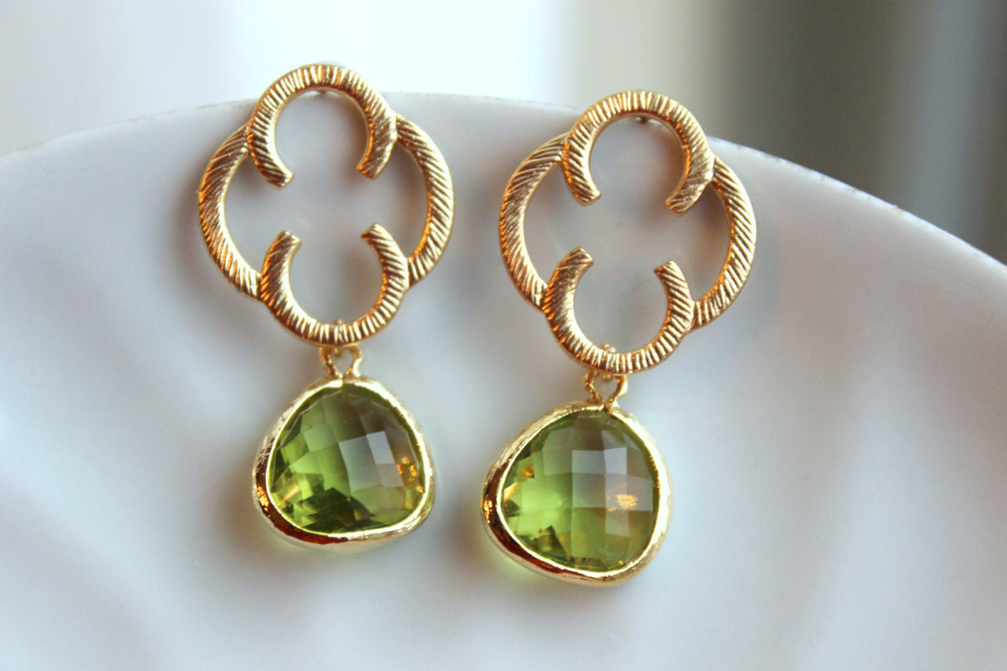 Peridot Green Earrings Gold Clover Quatrefoil - Sterling Silver Posts - Bridesmaid Earrings - Wedding Earrings - Peridot Wedding Jewelry