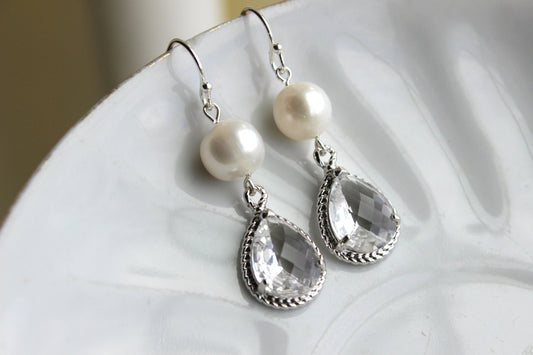 Freshwater Pearl Crystal Earrings Silver Two Tiered Clear Pearl Bridesmaid Earrings Bridal Earrings - Bridesmaid Jewelry - Wedding Earrings