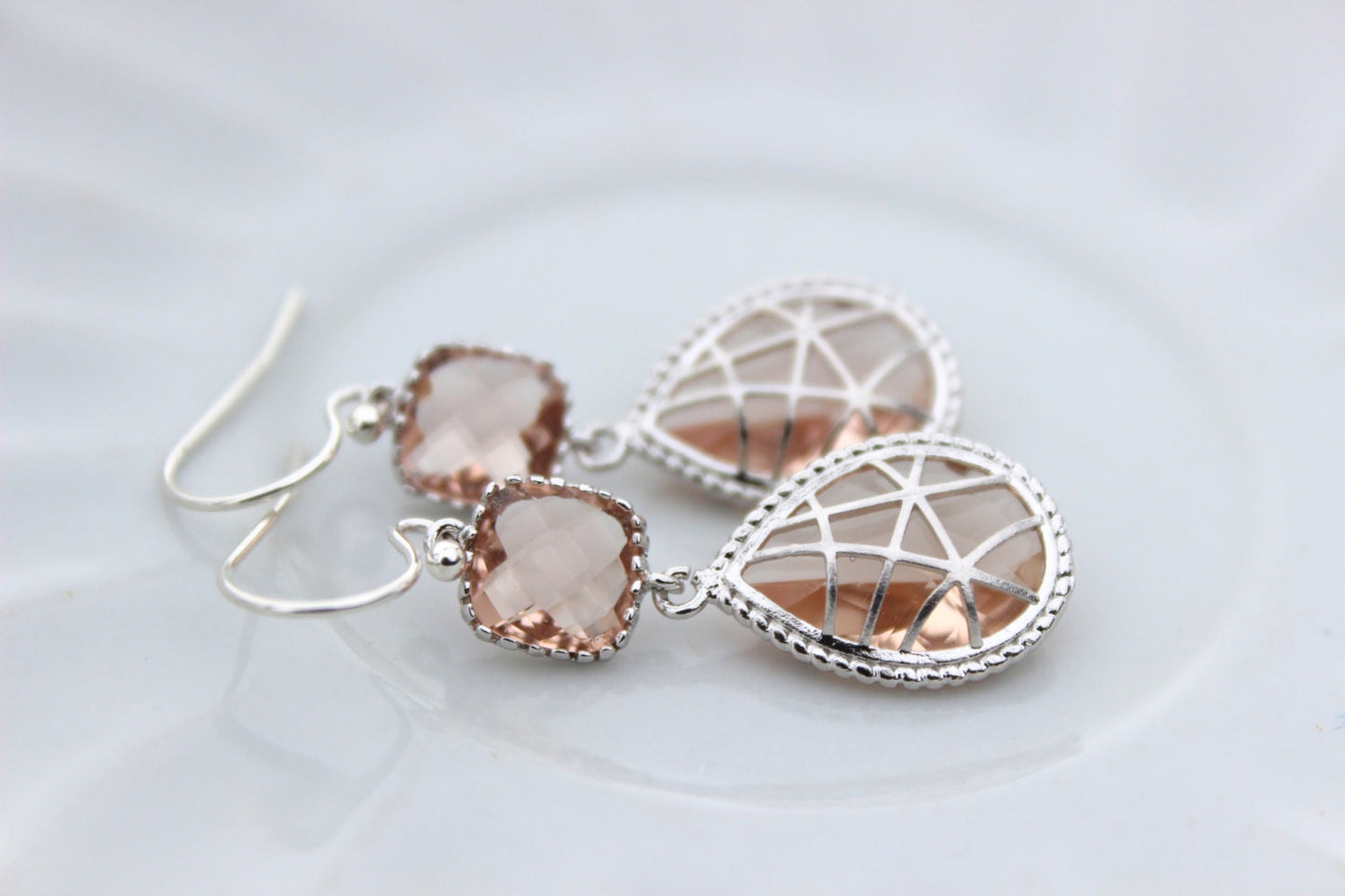 Champagne Peach Earrings Blush Pink Silver Two Tier Twisted Design - Bridesmaid Jewelry - Blush Bridesmaid Earrings Wedding Jewelry Earrings