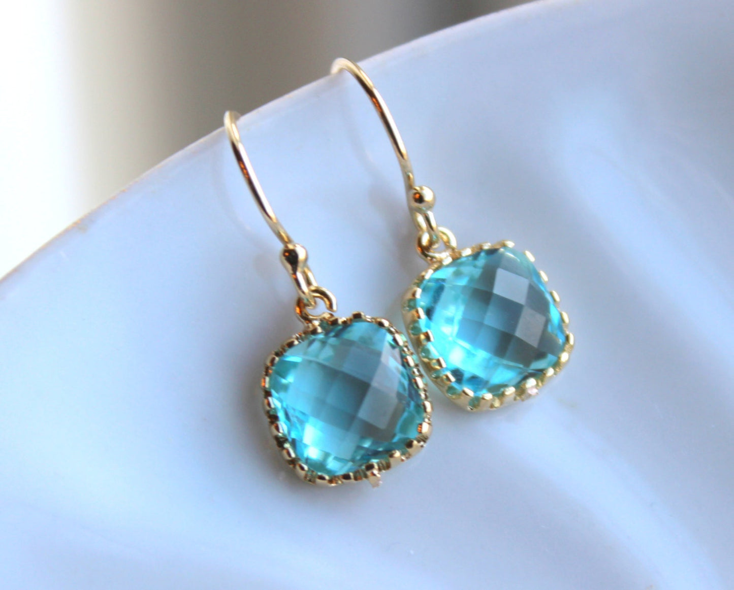 Dainty Aquamarine Topaz Blue Earrings Gold Plated - Aqua Bridesmaid Earrings - Wedding Earrings Aquamarine Wedding Jewelry - Bridal Earrings