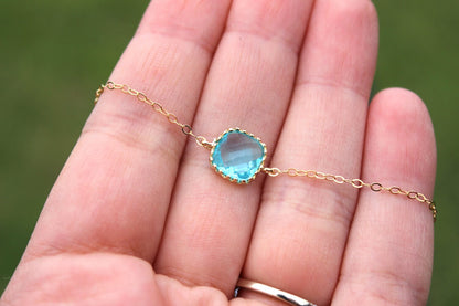Dainty Blue Aquamarine Bracelet Square Gold Plated Aqua Topaz Bracelet Bridesmaid Bracelet - Bridal Bracelet Something Blue Wedding Jewelry