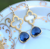 Sapphire Navy Blue Earrings Gold Clover Quatrefoil Earrings Jewelry - Bridesmaid Earrings - Wedding Earrings - Sapphire Wedding Jewelry