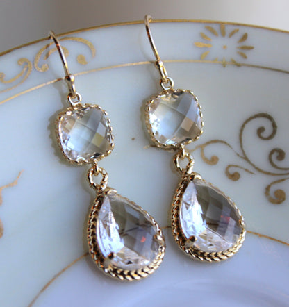 Gold Clear Earrings Crystal - Two Tier Teardrop Earrings - Bridesmaid Earrings - Bridal Earrings - Wedding Earrings
