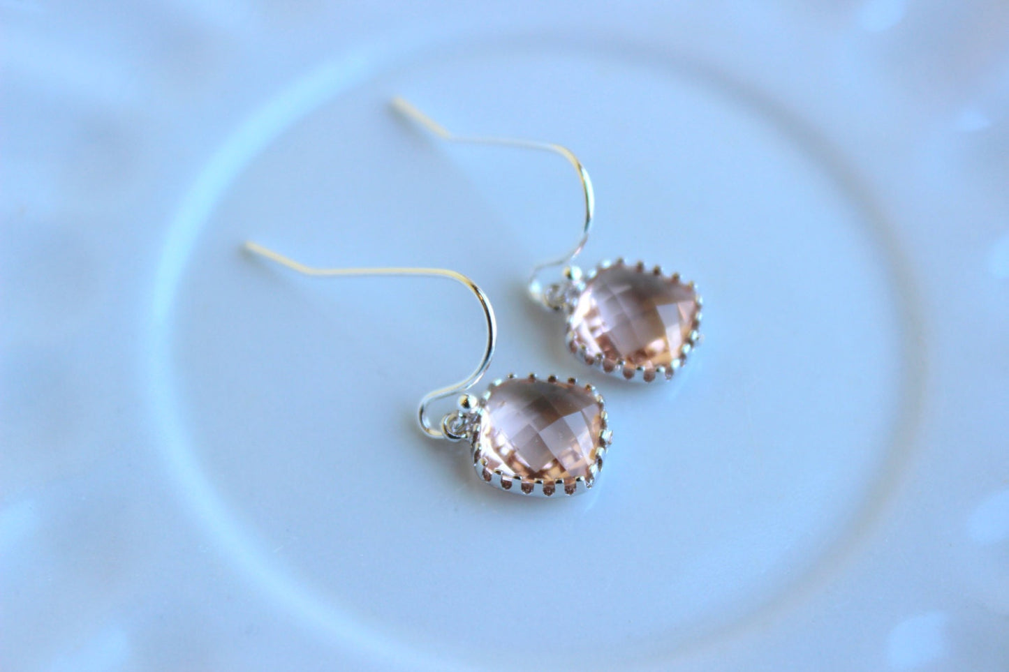 Dainty Small Champagne Blush Earrings Silver - Peach Bridesmaid Earrings - Wedding Earrings - Champagne Wedding Jewelry - Bridal Earrings