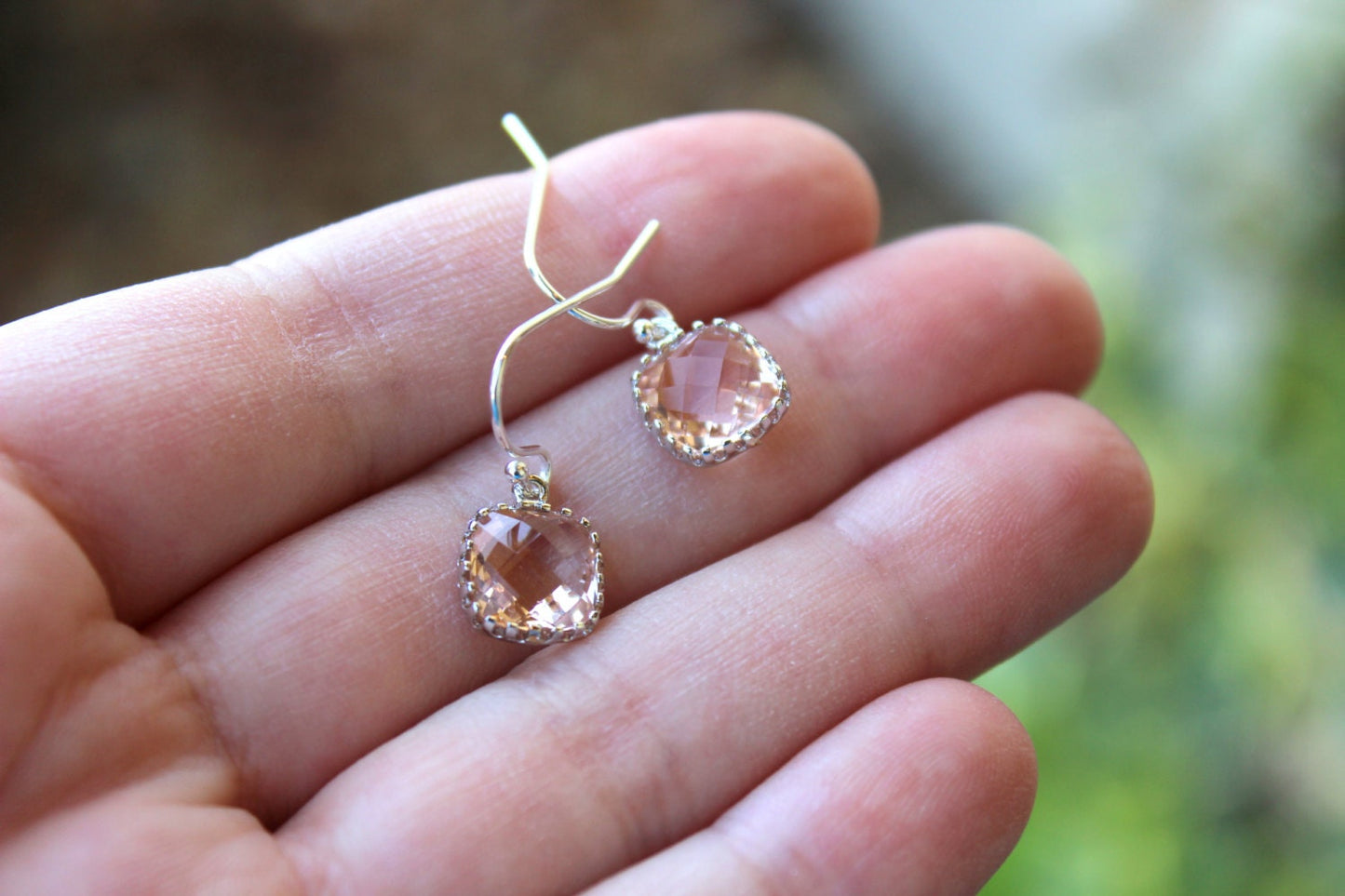 Dainty Small Champagne Blush Earrings Silver - Peach Bridesmaid Earrings - Wedding Earrings - Champagne Wedding Jewelry - Bridal Earrings