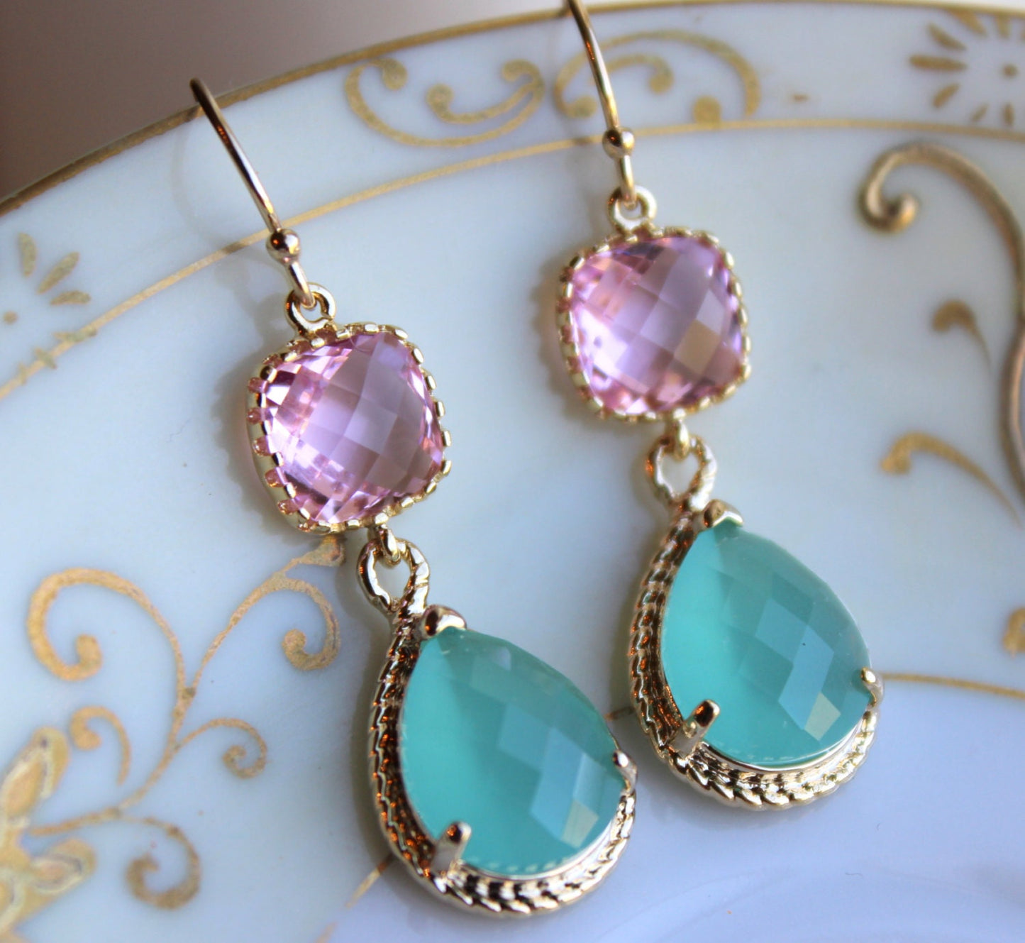 Pacific Aqua Mint Earrings Pink Gold Earrings Teardrop Glass - Bridesmaid Earrings Wedding Earrings Bridesmaid Jewelry Gift Wedding Jewelry