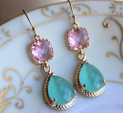 Pacific Aqua Mint Earrings Pink Gold Earrings Teardrop Glass - Bridesmaid Earrings Wedding Earrings Bridesmaid Jewelry Gift Wedding Jewelry