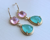 Pacific Aqua Mint Earrings Pink Gold Earrings Teardrop Glass - Bridesmaid Earrings Wedding Earrings Bridesmaid Jewelry Gift Wedding Jewelry