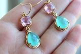 Pacific Aqua Mint Earrings Pink Gold Earrings Teardrop Glass - Bridesmaid Earrings Wedding Earrings Bridesmaid Jewelry Gift Wedding Jewelry