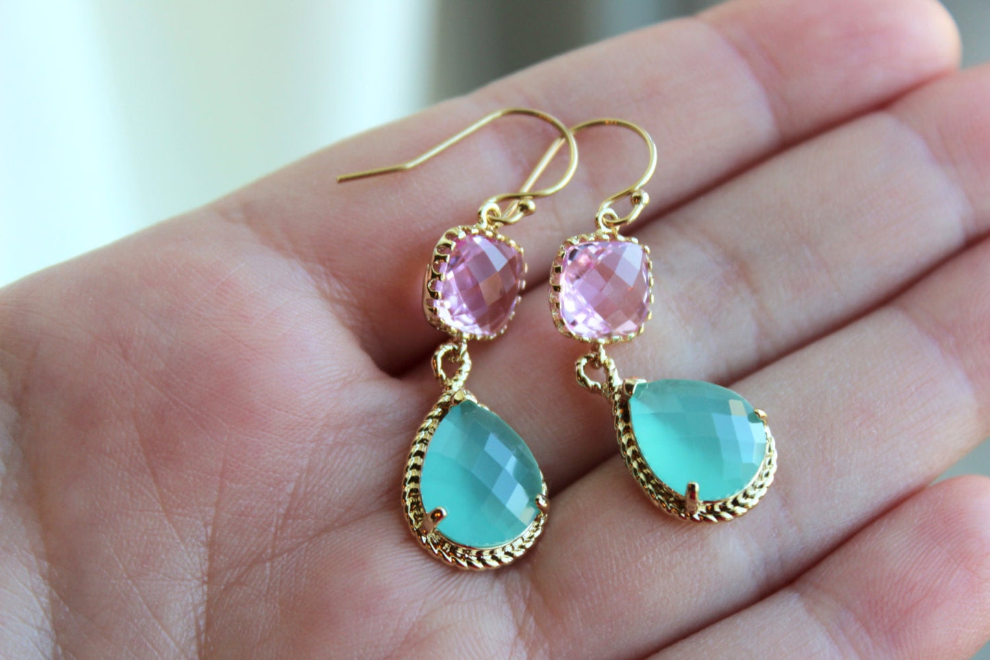 Pacific Aqua Mint Earrings Pink Gold Earrings Teardrop Glass - Bridesmaid Earrings Wedding Earrings Bridesmaid Jewelry Gift Wedding Jewelry