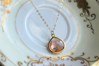 Large Peach Pink Necklace Champagne Blush Pendant Necklace Jewelry Gold Plated Wedding Jewelry - Blush Bridesmaid Jewelry - Bridal Necklace
